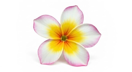 Fototapeta premium Plumeria flower; petals are white, pink-edged, yellow center, against white