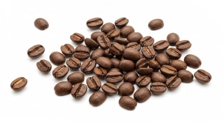 Naklejka premium Roasted coffee beans, brown, textured, piled on white background. Plain composition