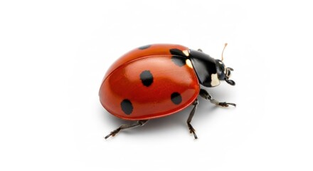 Red ladybug, black spots, facing slightly right, isolated on bright white ground