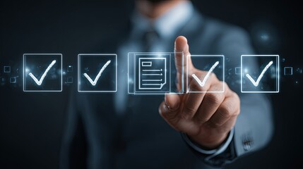 Business professional holding digital icons of verified check marks and documents, highlighting quality assurance and success in digital transformation