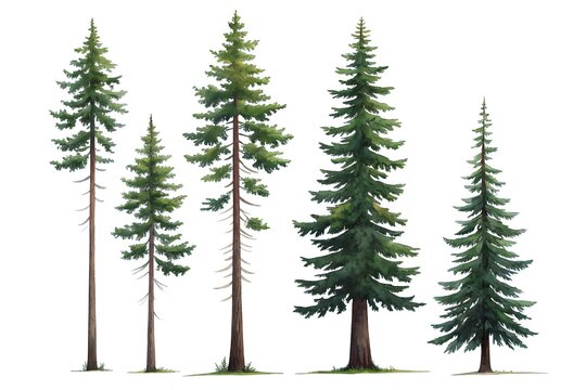 Tall Evergreen Trees on White Background four image