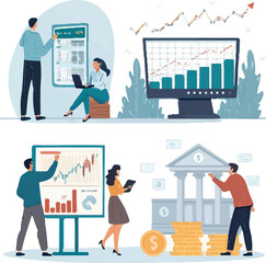 Financial analytics and business data presentation with people analyzing charts illustration