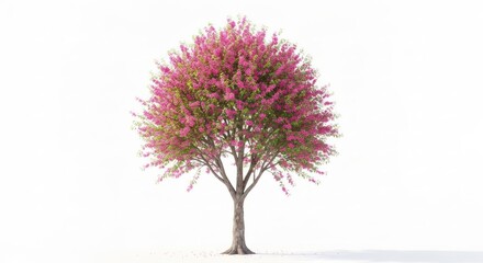 Obraz premium Solitary tree with pink blossoms and green leaves against a bright white backdrop