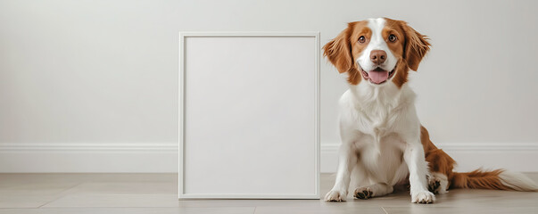 Dog posing next to frame. The dog is white and orange and is sitting. There is a white background, and a frame in the picture. The dog is happy and looks at the camera.