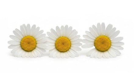 Obraz premium Three daisies lined up against a bright white background in a close-up shot