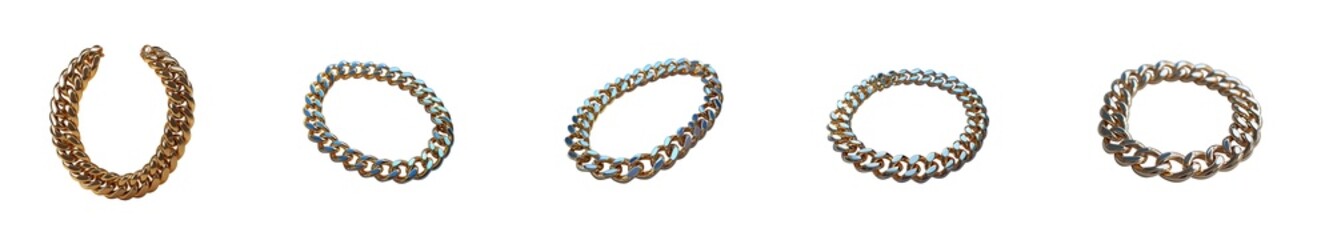 Obraz premium Collection of five bracelets, including a gold tennis bracelet and four silver tennis bracelets, isolated on transparent background