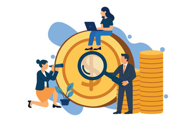 Smart business team analyzes financial growth, woman with laptop, man with magnifying glass, and woman with spyglass finding investment opportunities