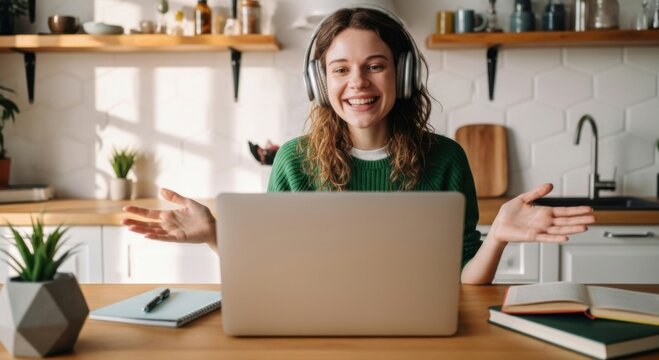 Happy woman in headphones making a video call on a laptop at home. Smiling female using computer for remote work, online meeting or e-learning.