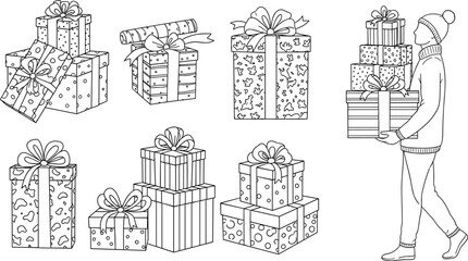 Holiday gift box line drawings set with bows, stacked presents, decorative wrapping, ribbons, and person carrying multiple presents