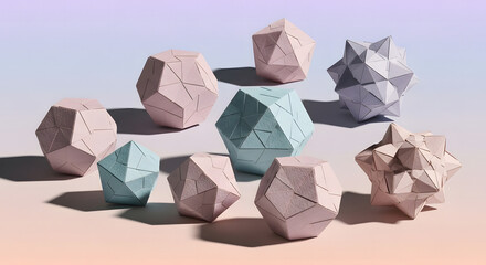 Geometric shapes with pastel colors on a gradient background in studio shot