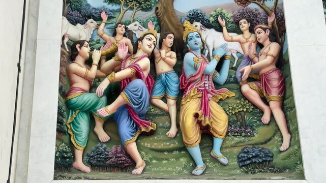Detailed wall art showing Krishna playing with cowherd friends, symbolizing joy and simplicity of rural life in Indian mythology.