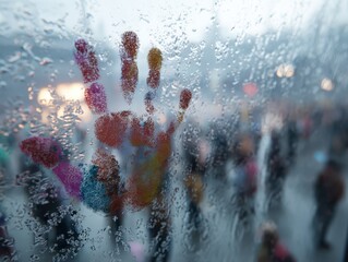 Colorful handprint on rain-streaked window, captures a sense of hope and connection amidst a blurry urban backdrop, soft light creating a dreamlike feel.