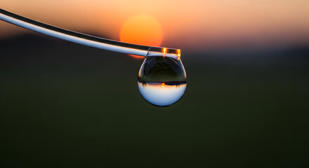 Water droplet hanging on a wire reflecting the sunset in the background