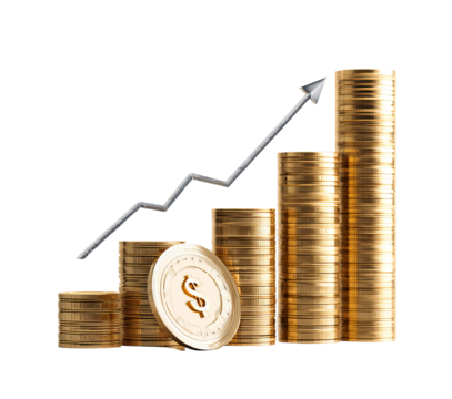 Gold coins stacked with upward trend graph isolated on a transparent background - Powered by Adobe