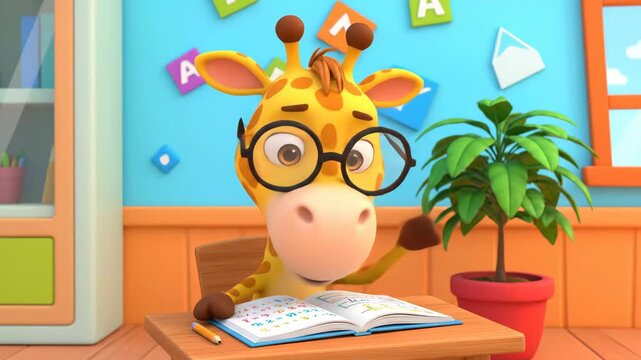 Animated giraffe character in classroom setting reading and smiling