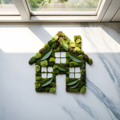 Eco-Friendly Home Concept: House Silhouette Made of Moss and Leaves on Marble Surface
