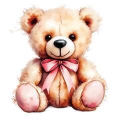 Cute Fluffy Teddy Bear with Pink Bows, Soft Toy Illustration on White Background
