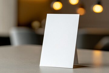 Elegant table setting with a blank white card for a personalized message. Perfect for events, promotions, or restaurant specials on a modern neutral table space.
