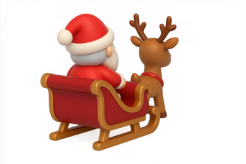 Santa claus with beard and red hat sitting on a festive sleigh pulled by a reindeer, celebrating christmas holidays. Transparent background