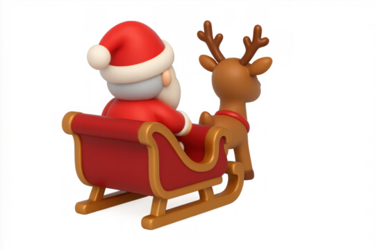 Santa claus with beard and red hat sitting on a festive sleigh pulled by a reindeer, celebrating christmas holidays. Transparent background
