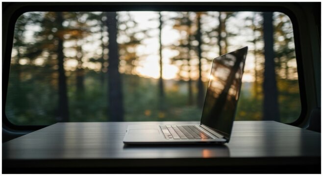 Laptop on table inside camper van, beautiful forest view at sunset. Remote work, digital nomad lifestyle, nature connection.