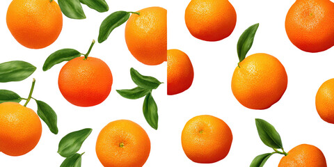 Pattern of ripe oranges with leaves on black background