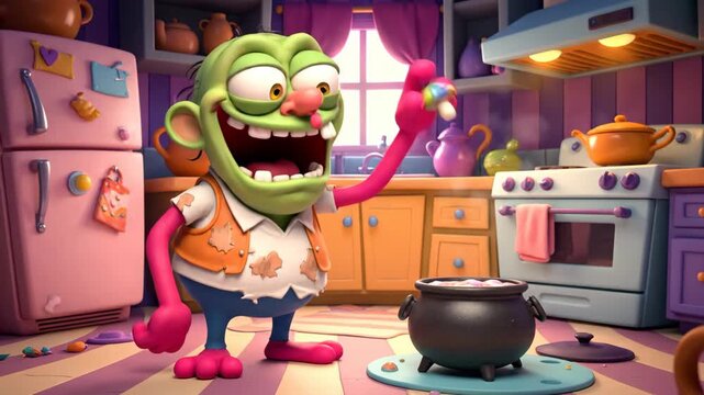 Cartoon character cooking in a kitchen preparing food or potion
