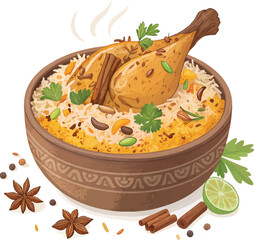 Traditional Chicken Biryani Illustration – Spicy Rice Dish with Herbs and Aromatic Spices