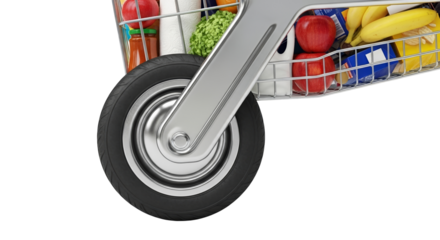Shopping cart wheel with groceries visible and clear background concept of transparent background  