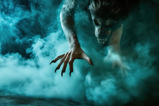 Creepy werewolf creature in misty blue fog reaching forward with claws, horror fantasy concept.