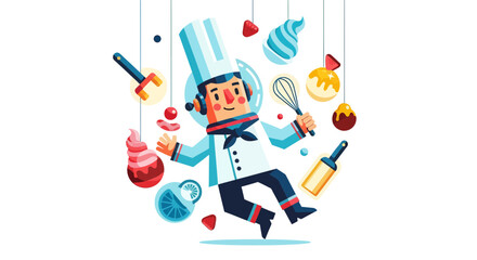 Cheerful Chef Preparing Culinary Delights with Whimsical Floating Dessert Elements