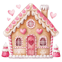 Cute Pink Gingerbread  Candy House, Watercolor Gingerbread House with Sweets and Christmas Decorations