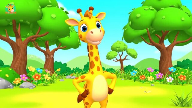 Cartoon giraffe in a lush green environment with trees and flowers