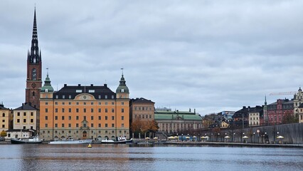 Naklejka premium Sweden. In Stockholm, in the city center, on an island, are located The Riksdag and Riddarholmen Church. 