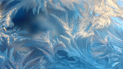 Frost patterns on window glass, morning sunlight sparkling through, ultra macro shot, crystal texture detail, soft blue-white palette, background