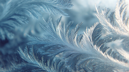Frost patterns on window glass, morning sunlight sparkling through, ultra macro shot, crystal texture detail, soft blue-white palette, background
