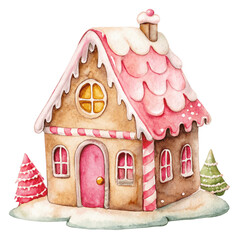 Cute Pink Gingerbread  Candy House, Watercolor Gingerbread House with Sweets and Christmas Decorations