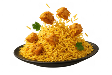 Spicy soya chunk biryani with flying rice and chunks, a dynamic vegetarian indian dish on a plate, transparent background