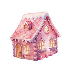 Cute Pink Gingerbread  Candy House, Watercolor Gingerbread House with Sweets and Christmas Decorations
