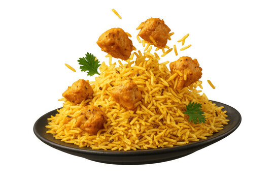 Spicy soya chunk biryani with flying rice and chunks, a dynamic vegetarian indian dish on a plate, transparent background