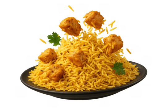 Spicy soya chunk biryani with flying rice and chunks, a dynamic vegetarian indian dish on a plate, transparent background