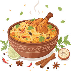 Traditional Chicken Biryani Illustration – Hot Spicy Rice Dish in Clay Pot with Herbs and Spices