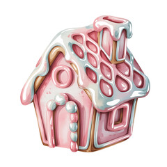 Cute Pink Gingerbread  Candy House, Watercolor Gingerbread House with Sweets and Christmas Decorations