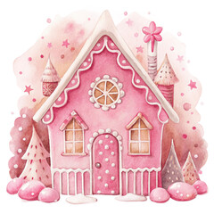 Cute Pink Gingerbread  Candy House, Watercolor Gingerbread House with Sweets and Christmas Decorations