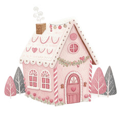 Cute Pink Gingerbread  Candy House, Watercolor Gingerbread House with Sweets and Christmas Decorations