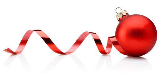 Christmas red bauble and curling paper ribbon isolated on white background