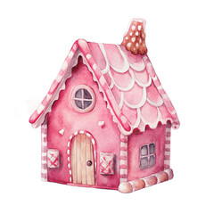 Cute Pink Gingerbread  Candy House, Watercolor Gingerbread House with Sweets and Christmas Decorations