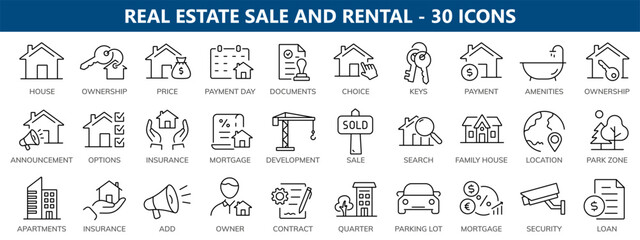 Real estate sale, mortgage and rental - vector editable line icons collection.