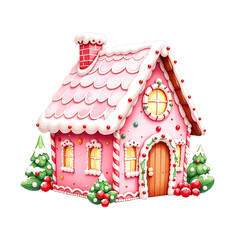 Cute Pink Gingerbread  Candy House, Watercolor Gingerbread House with Sweets and Christmas Decorations