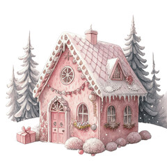 Cute Pink Gingerbread  Candy House, Watercolor Gingerbread House with Sweets and Christmas Decorations